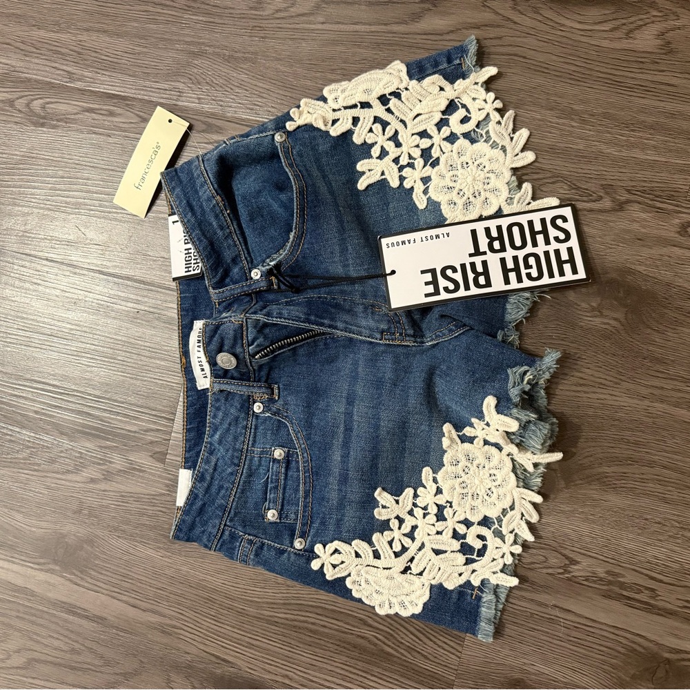Francesca's Blue Denim Shorts with Cream Lace
